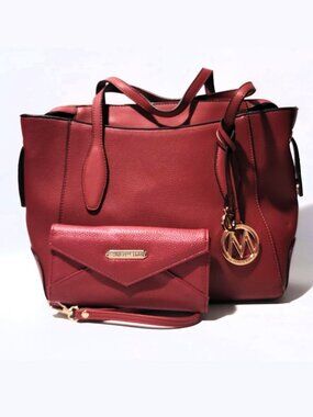 Mia K Collection Red Purse with Shoulder Strap and Wallet Faux Pebbled Leather